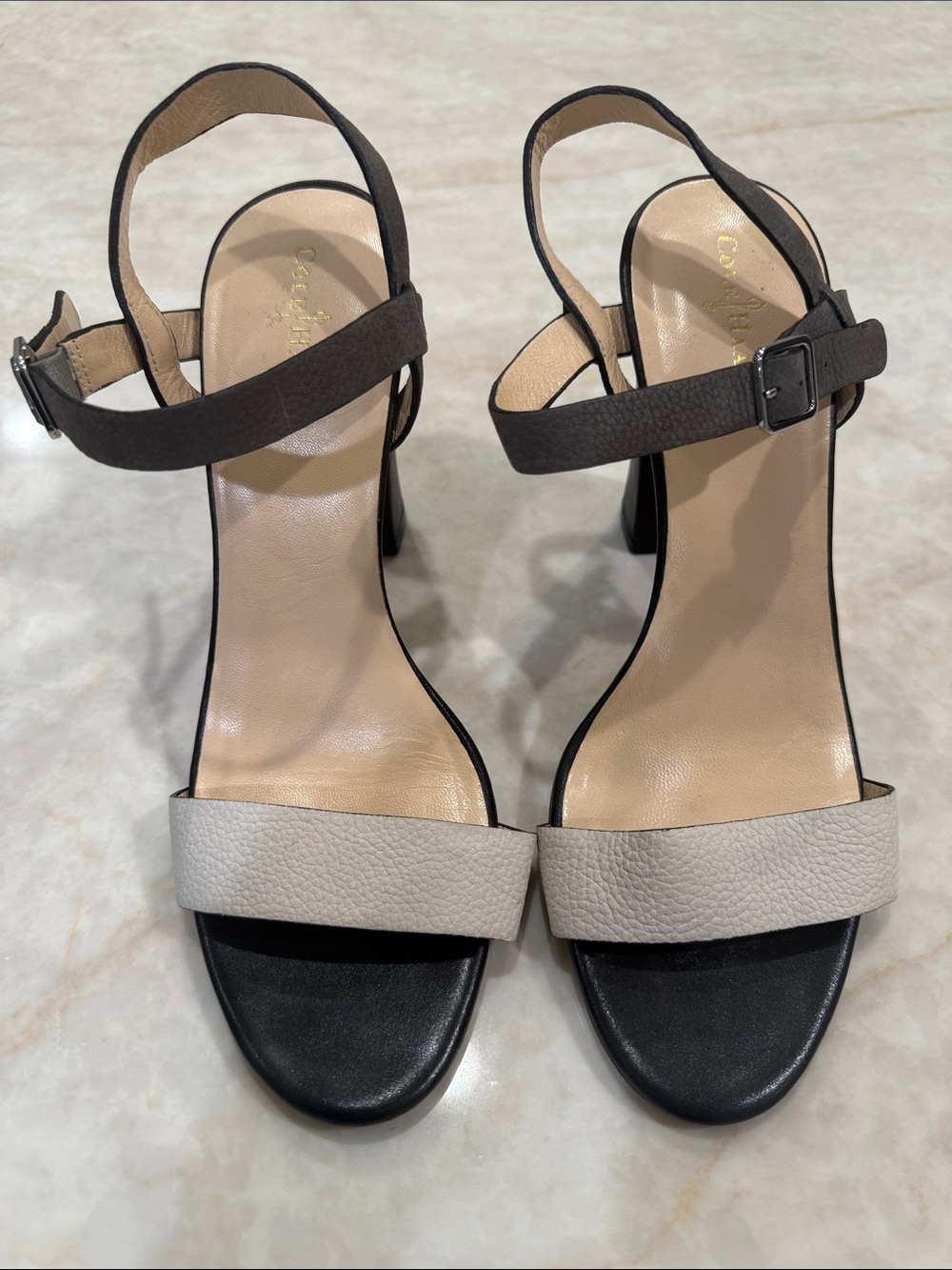 Cole Haan Two-Tone Ankle Strap Heels in Black and Cream
